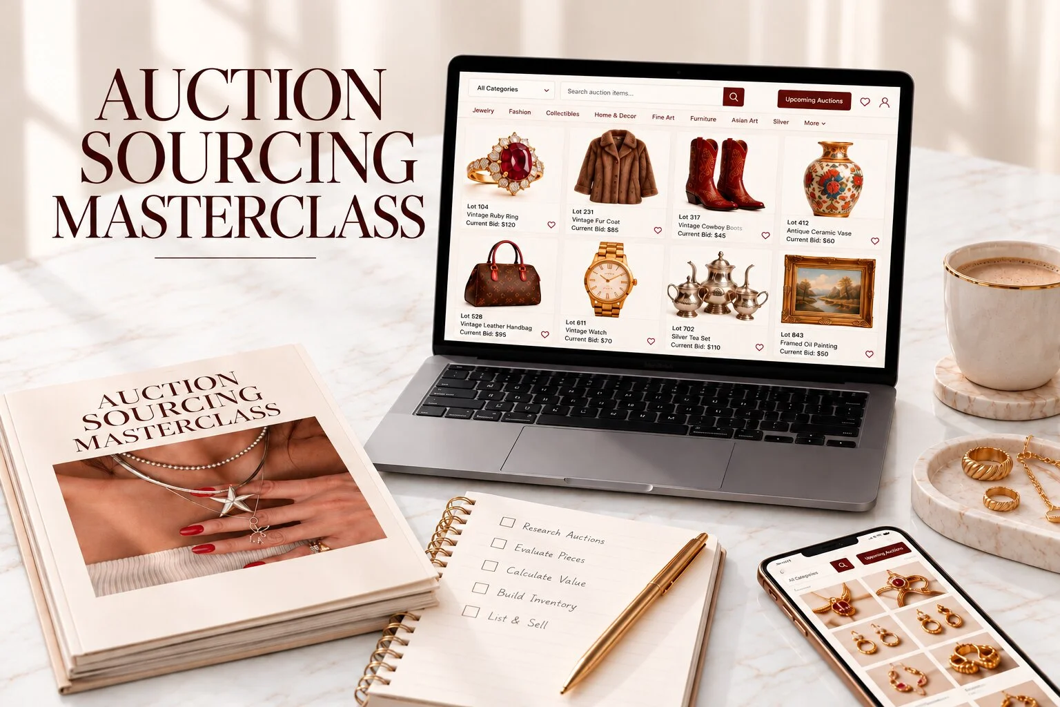 Auction Sourcing Masterclass guide, a laptop showing an online auction of jewelry, furs, boots, art and décor, a sourcing checklist and a phone on a marble table