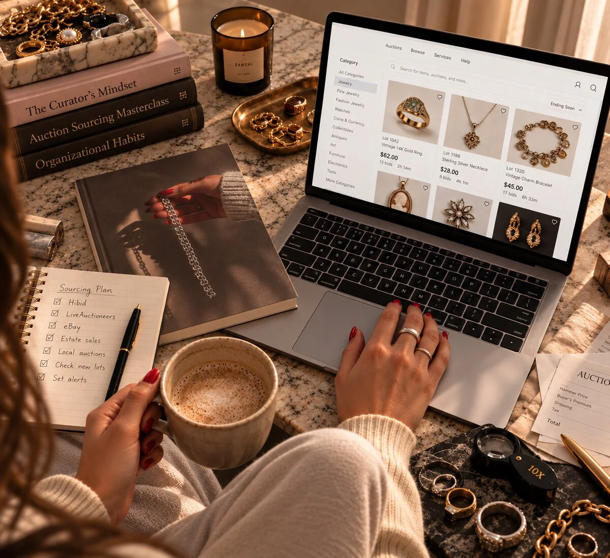 Browsing an online jewelry auction on a laptop with a coffee, a sourcing plan notebook, a loupe and vintage rings on a marble table