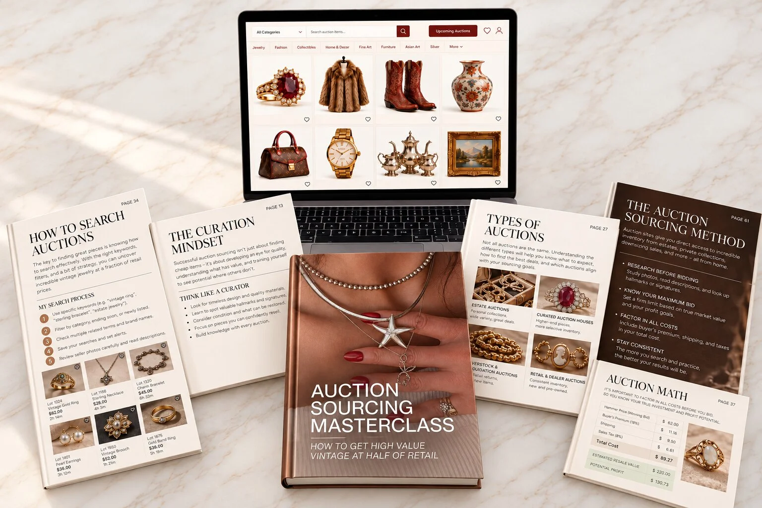 Auction Sourcing Masterclass guide on a marble table with sample pages and a laptop showing an online auction of jewelry, furs, art and décor